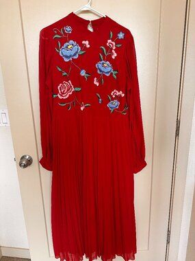 ASOS Red Maxi Dress with Blue & Pink Floral Embroidery